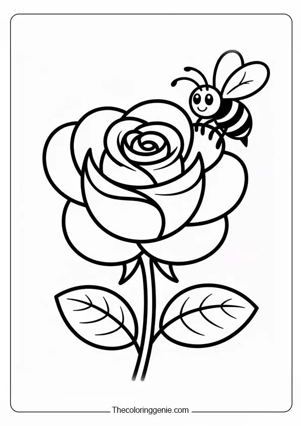 rose with bee color page printable 18